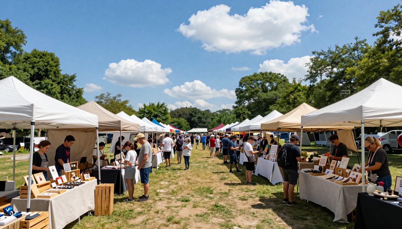 Wide aerial view of an outdoor artisan craft fair with rows of white canvas vendor tents
