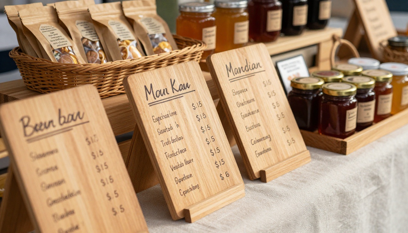 Close-up of a beautifully organized festival food vendor booth with wooden display boards and artisan packaged goods