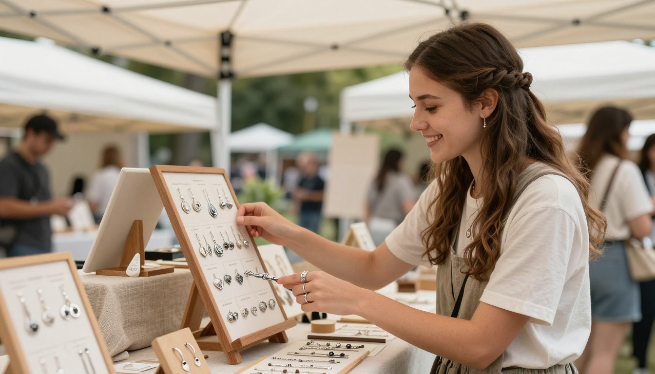A young jewelry vendor showing a customer a laminated product catalog at a summer festival booth