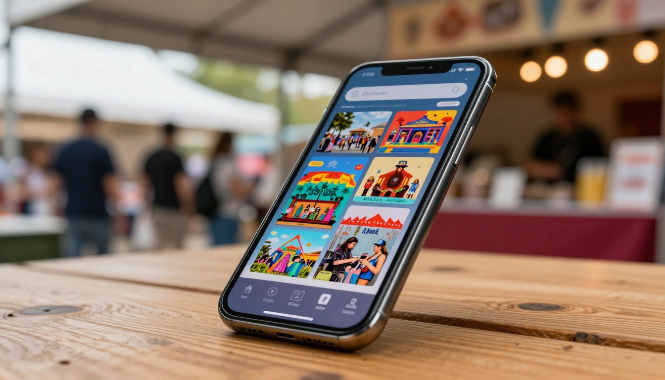 A smartphone displaying a colorful interactive digital flipbook catalog on a rustic wooden vendor booth table