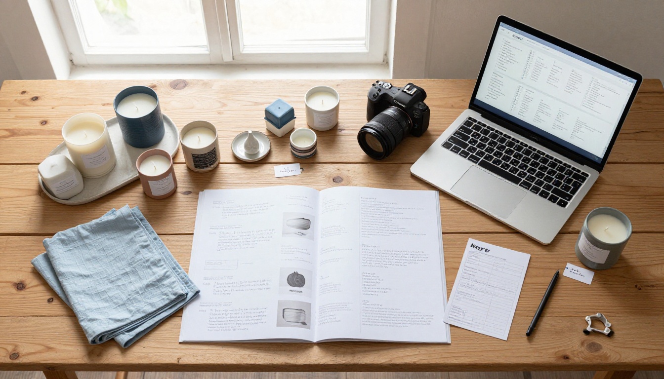 Overhead flat-lay of a vendor's preparation area with an open catalog, laptop, and product samples on a wood desk Overhead flat-lay of a vendor's preparation area with an open catalog, laptop, and product samples on a wood desk