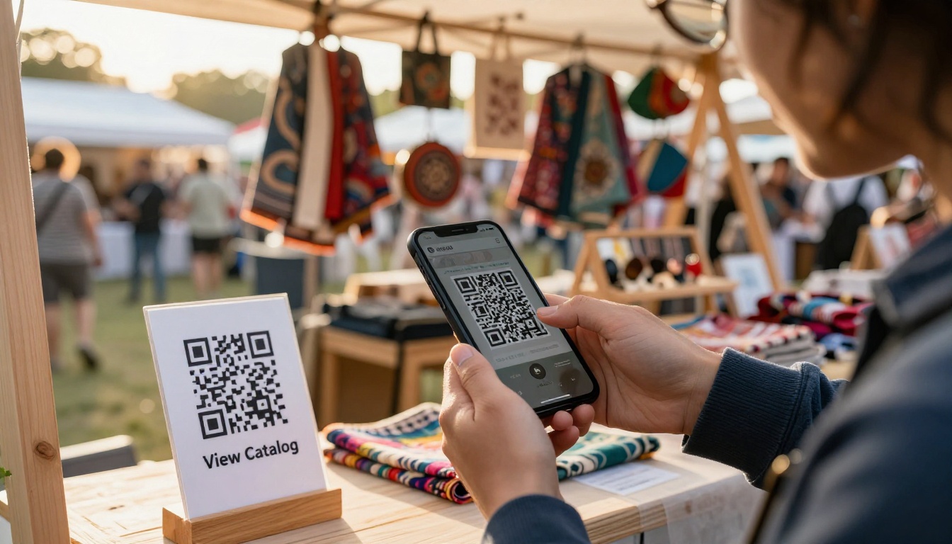 Festival market customer scanning a QR code sign at a vendor booth to view the digital catalog Festival market customer scanning a QR code sign at a vendor booth to view the digital catalog