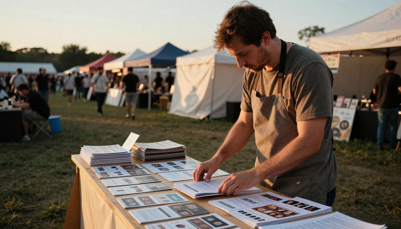 A male vendor organizing and updating his product catalog booklets at his festival booth in early morning light A male vendor organizing and updating his product catalog booklets at his festival booth in early morning light