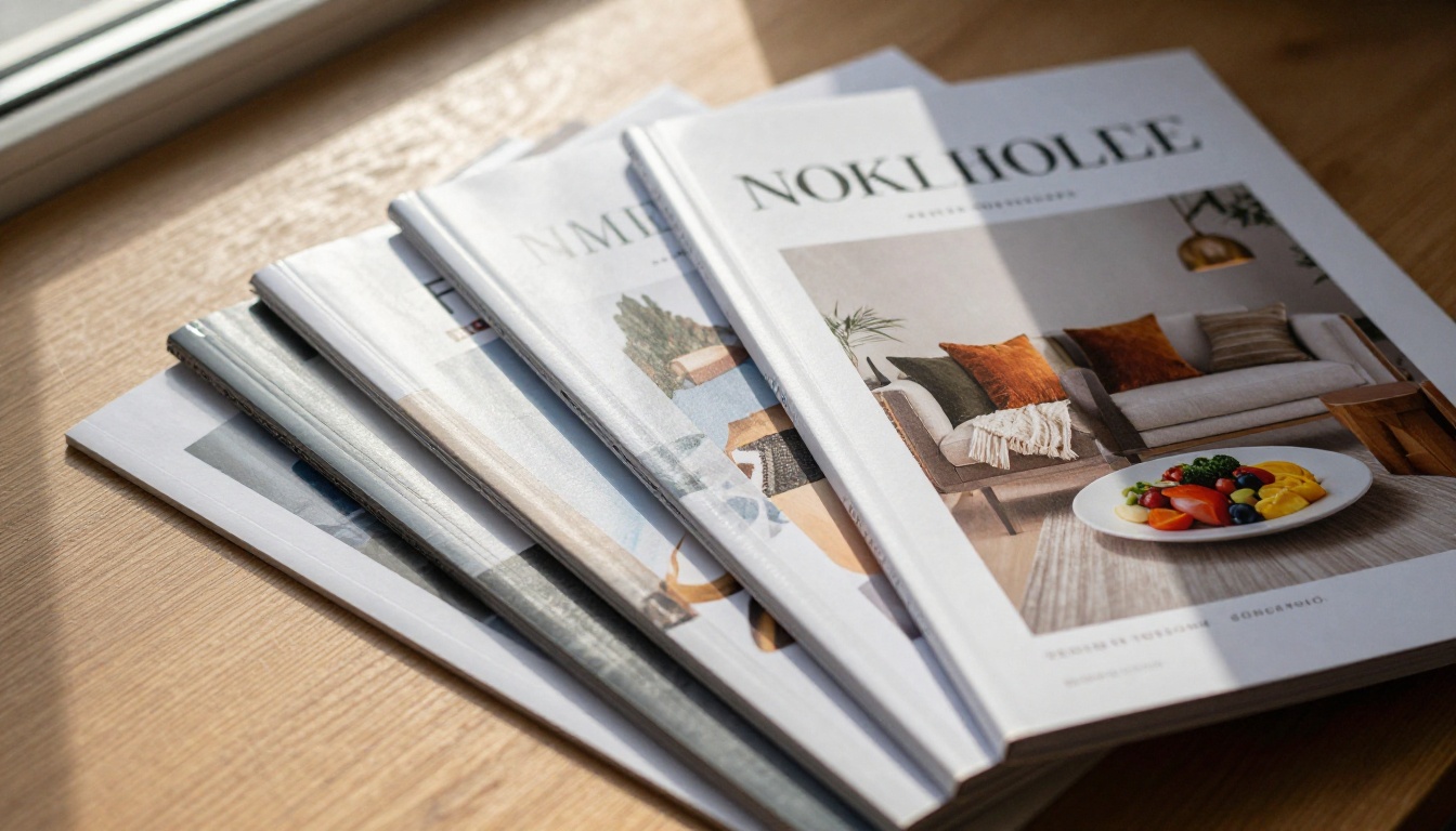Multiple printed product catalogs stacked and fanned across a natural oak desk