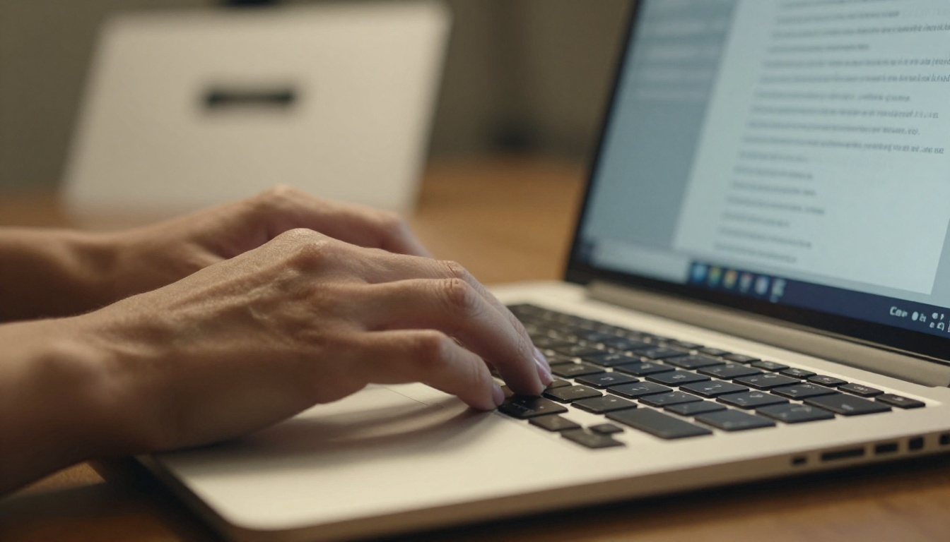 Woman's hands typing on a laptop with product photography setup in background