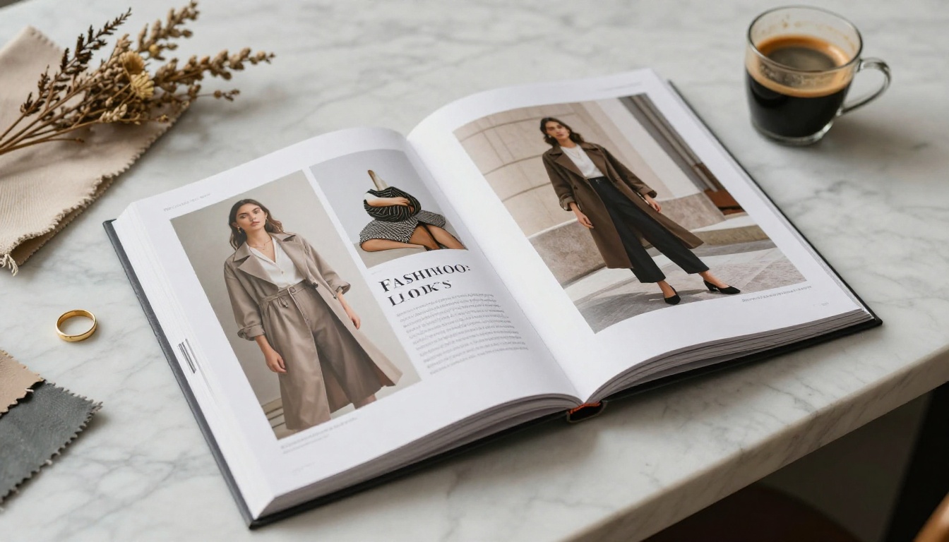Fashion lookbook catalog open on marble surface with fabric swatches and espresso cup