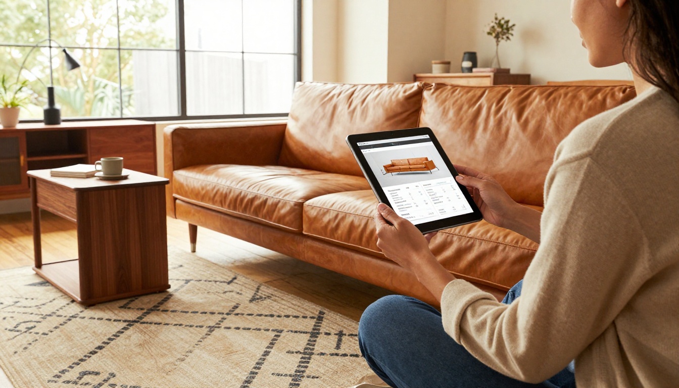 Woman scrolling through a digital furniture catalog on a tablet in a showroom