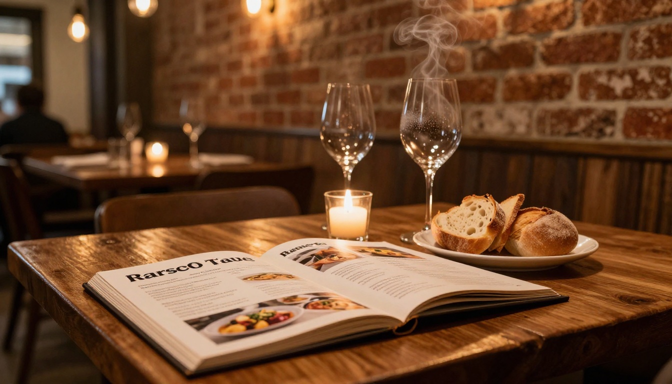 Beautiful restaurant menu on a wooden table with candle and wine glasses