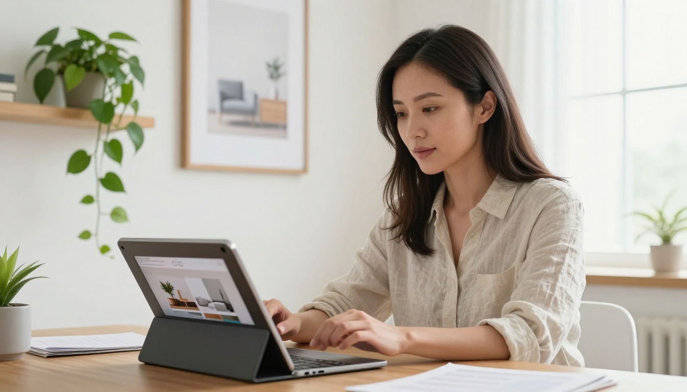 Professional woman reviewing a digital catalog on a tablet in a bright home office