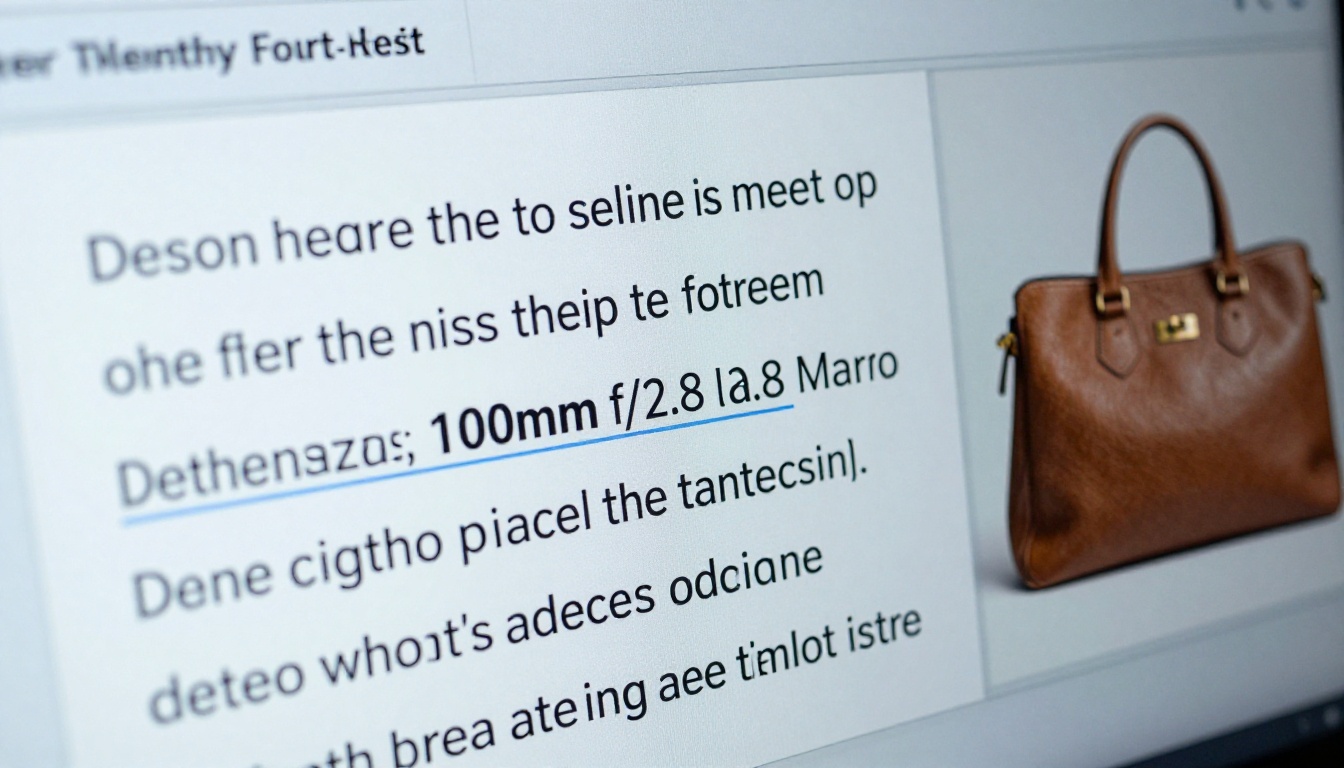 Close-up of a monitor screen displaying product description copy text being generated
