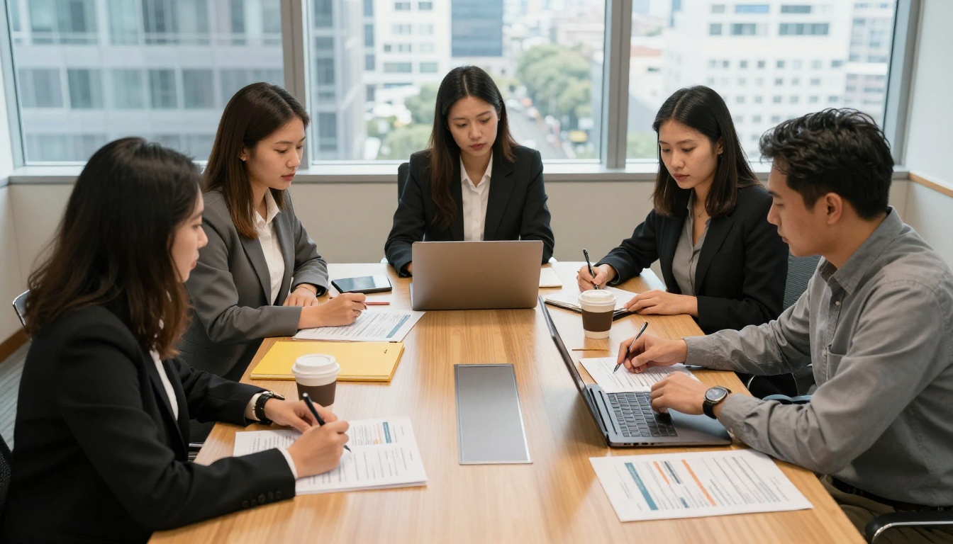 Professional team reviewing catalog proof sheets around a modern conference table
