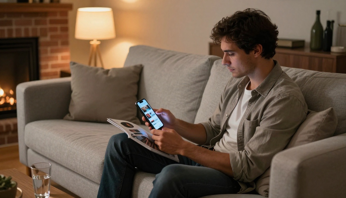 Man scrolling through a digital product catalog on a smartphone in a warmly lit living room