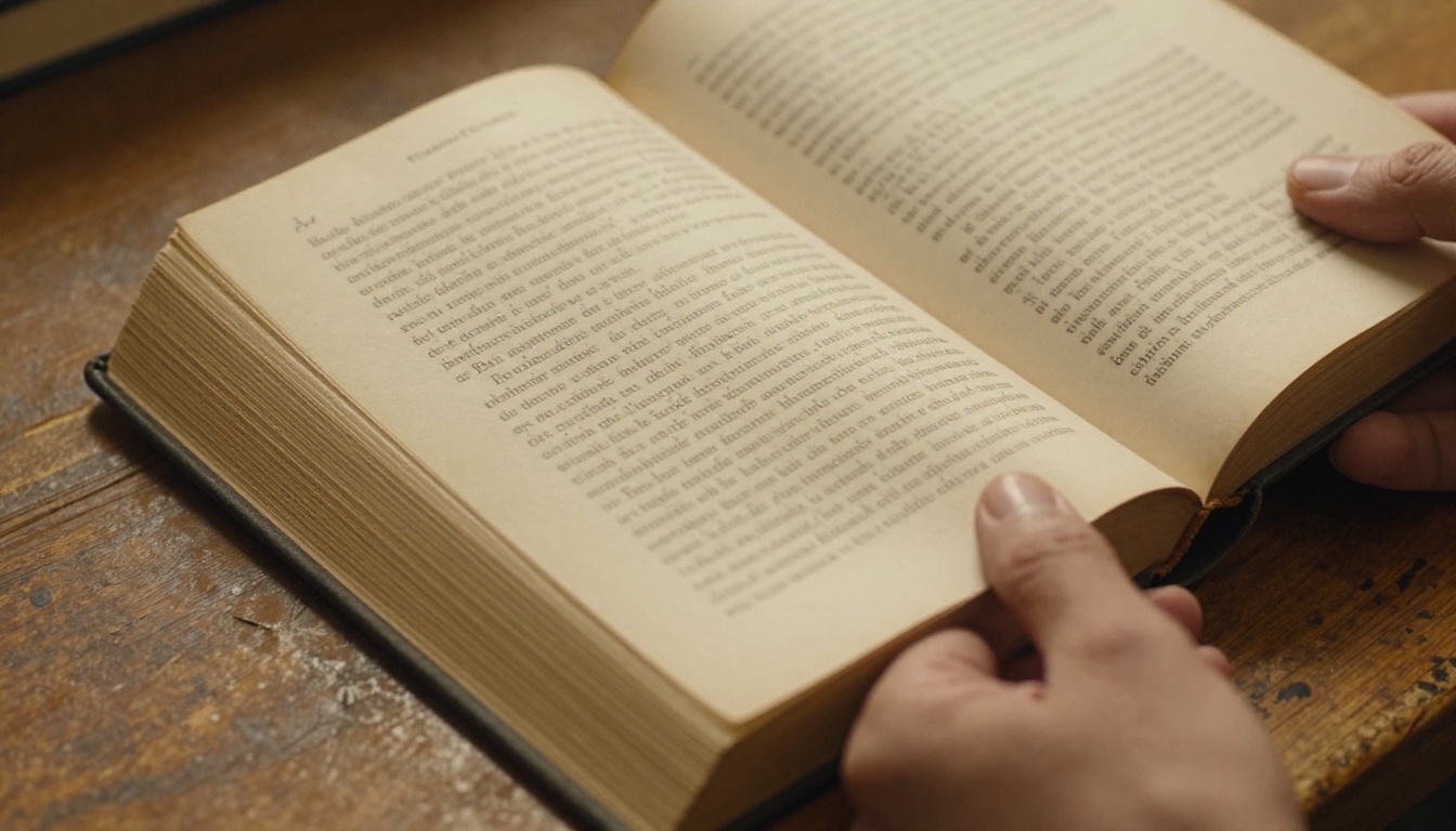 Hands holding an open book with foreign language text visible across both pages, warm amber library light, Kodak Portra 400 film grain
