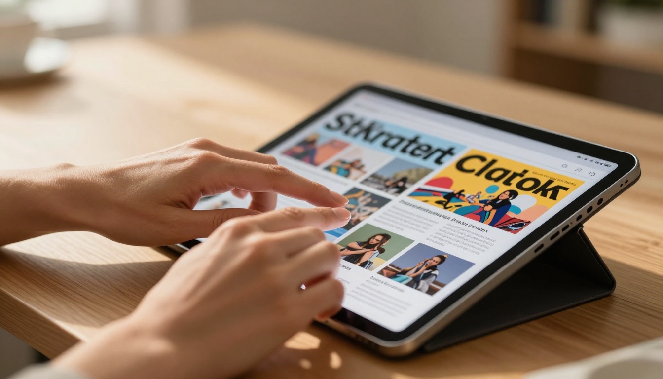 Elegant hands swiping through vibrant digital magazine on matte-black tablet on oak desk Elegant hands swiping through vibrant digital magazine on matte-black tablet on oak desk