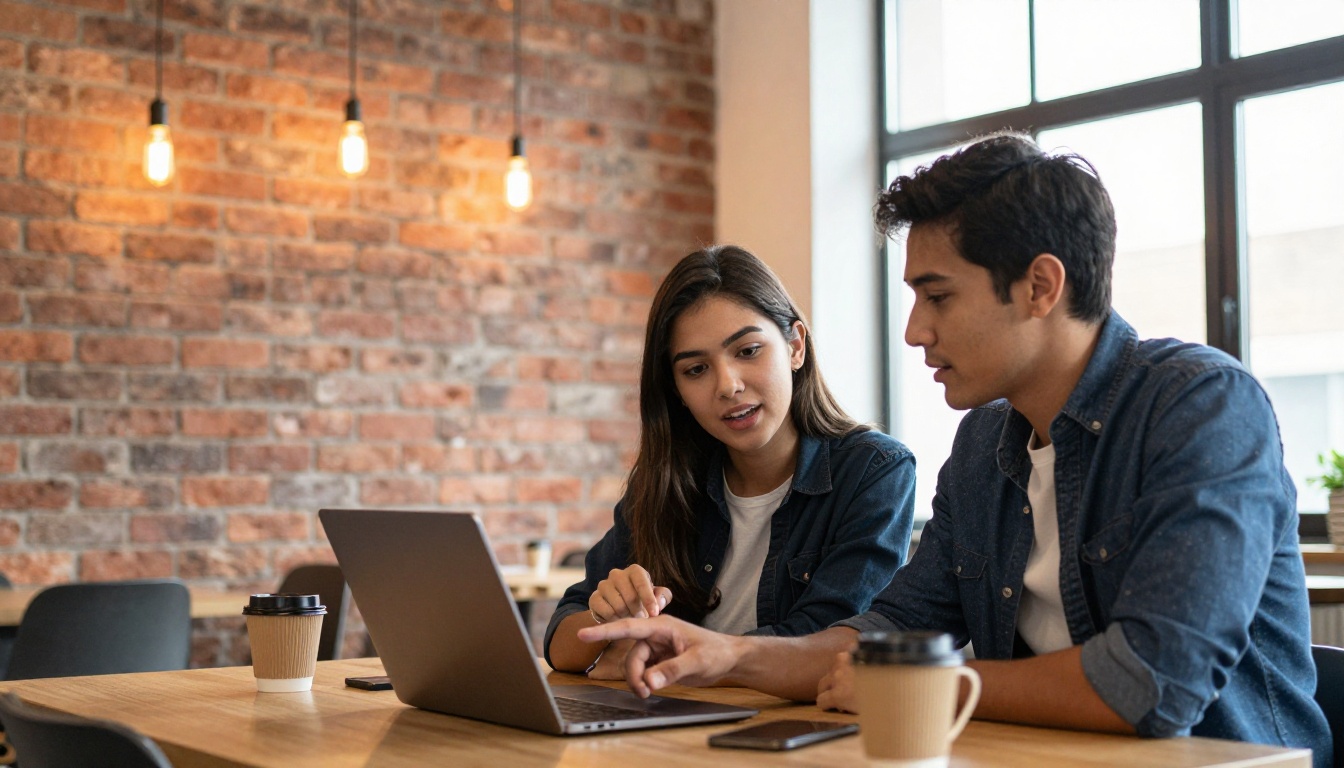 Three diverse young professionals gathered around a laptop reviewing multilingual documents in a modern co-working space with exposed brick walls