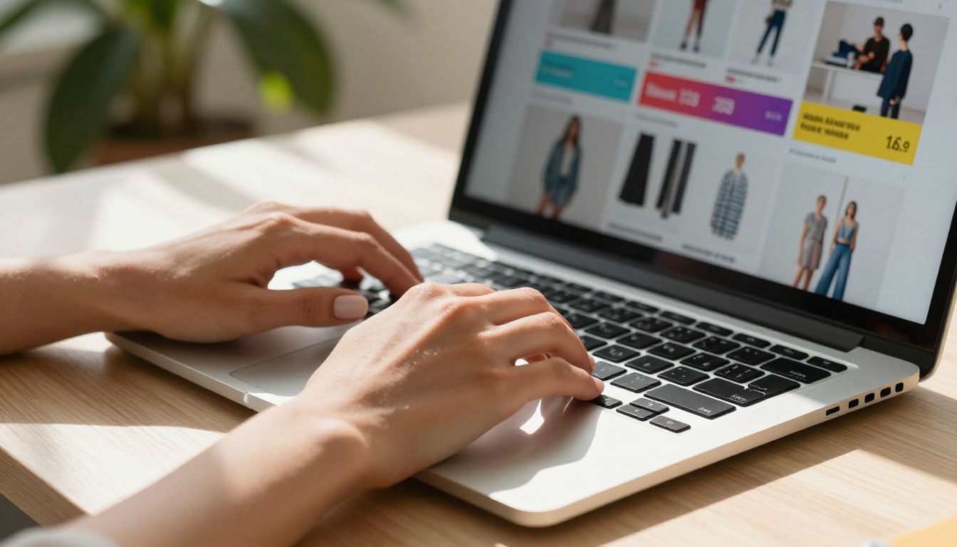 Woman's hands typing on laptop with ecommerce product grid on screen