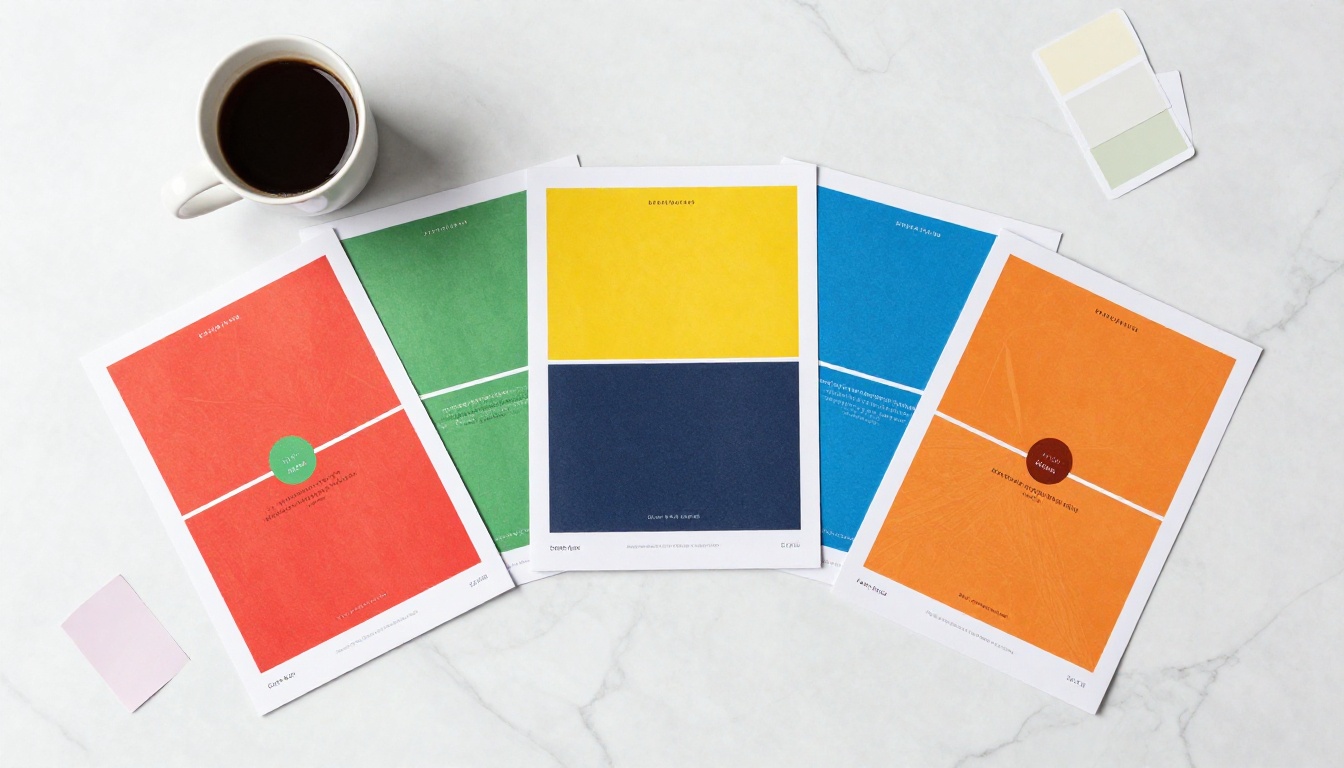 Aerial overhead of colorful publications fanned on white marble surface