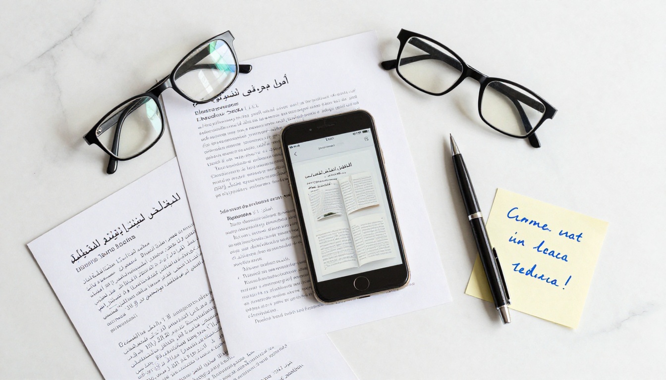 Aerial flat lay of printed brochures in multiple languages alongside a smartphone displaying a digital flipbook interface