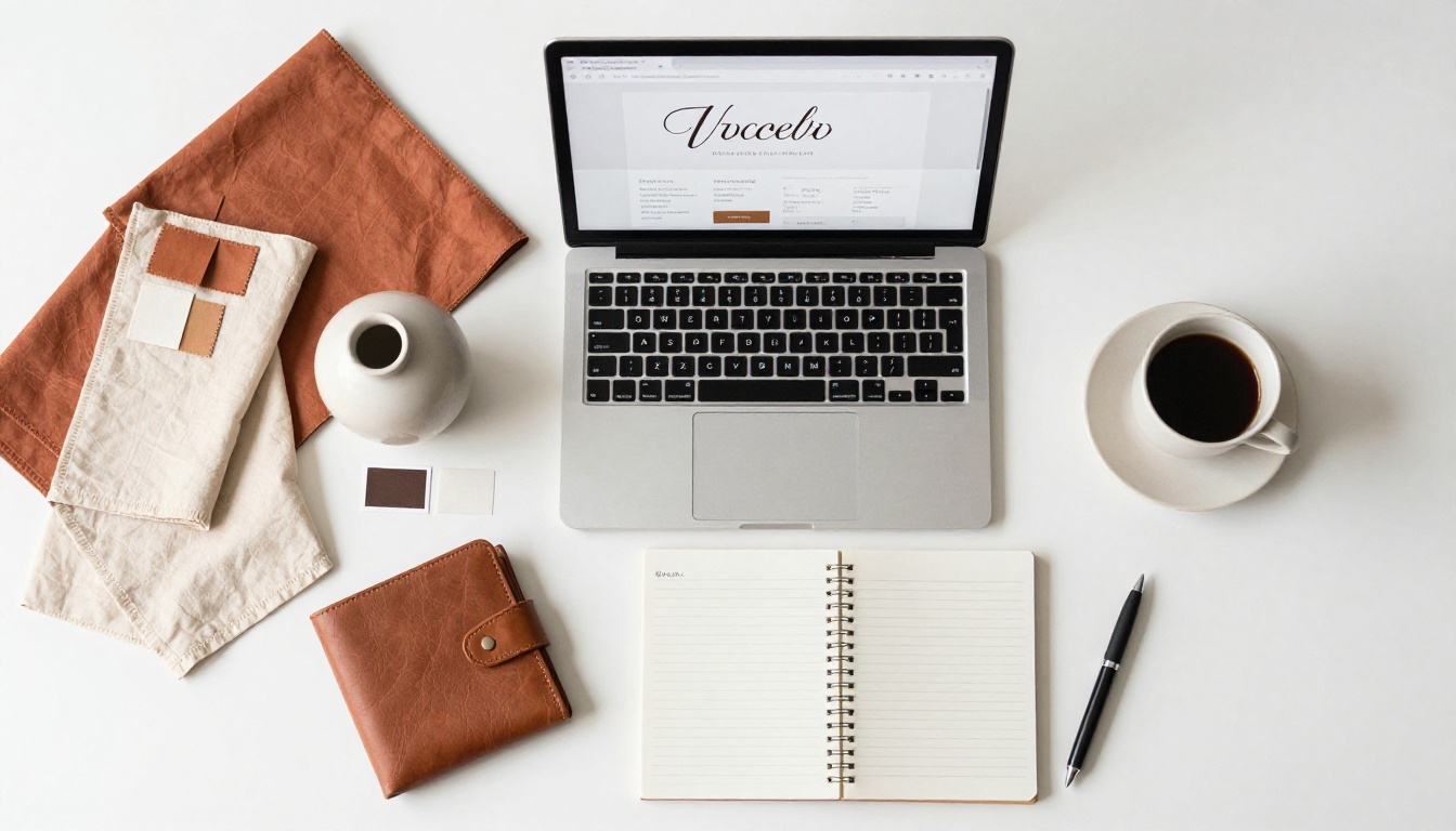 Overhead flat lay of ecommerce workspace with laptop, fabric swatches, and product samples on white desk