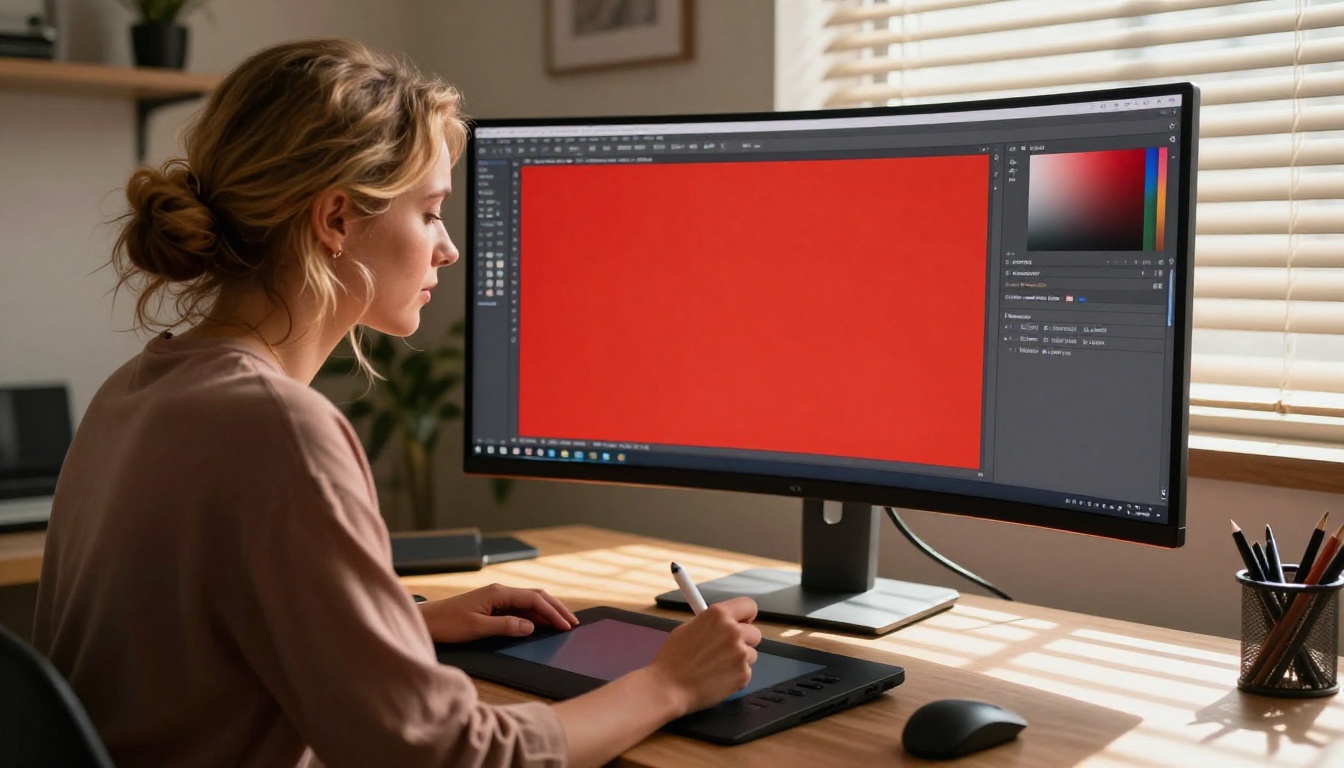 Designer reviewing digital publication designs on ultrawide monitor