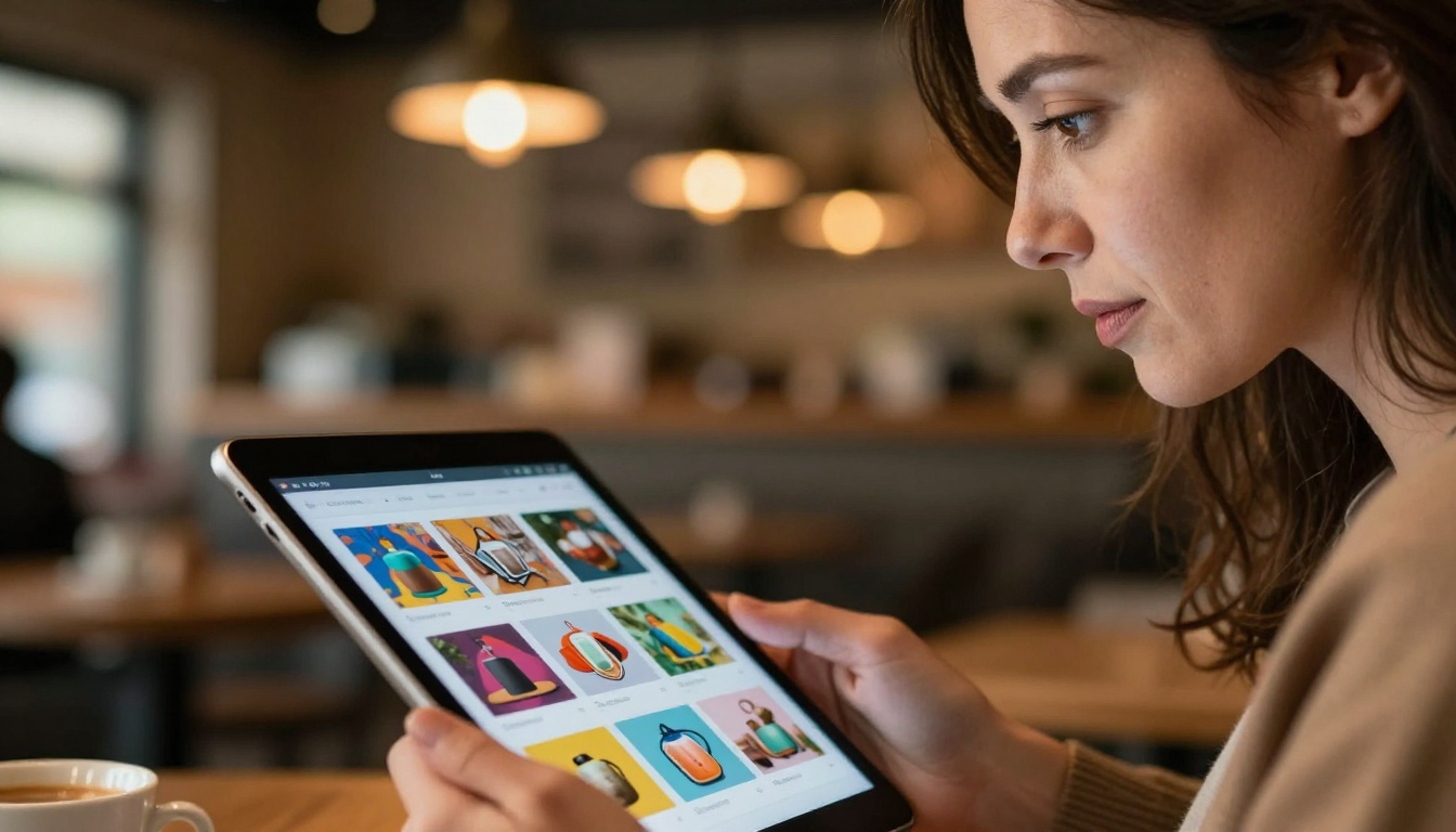 Woman in her 40s focused on reading a digital catalog on a tablet in a cozy cafe, warm bokeh background with amber pendant lights