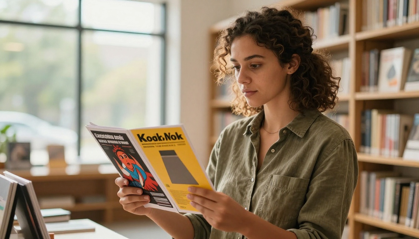 Woman comparing two publication designs side by side in bright library setting