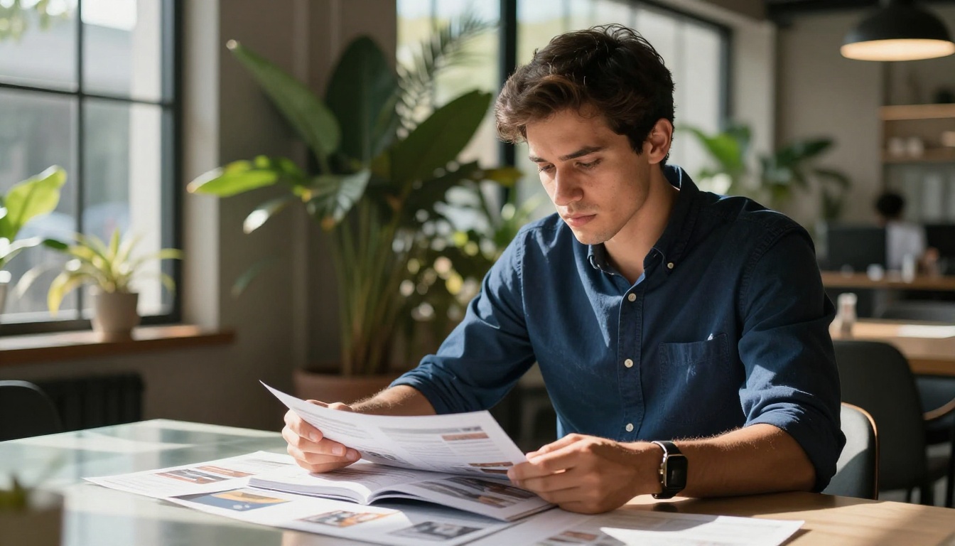 Professional man in navy shirt reviewing printed product catalog pages at co-working space with industrial windows