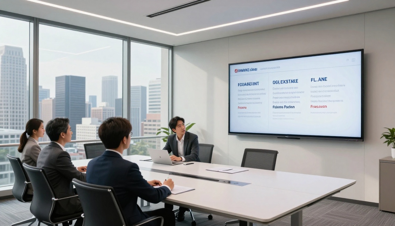Business professionals in a sleek modern conference room viewing a multilingual flipbook presentation on a large wall-mounted screen
