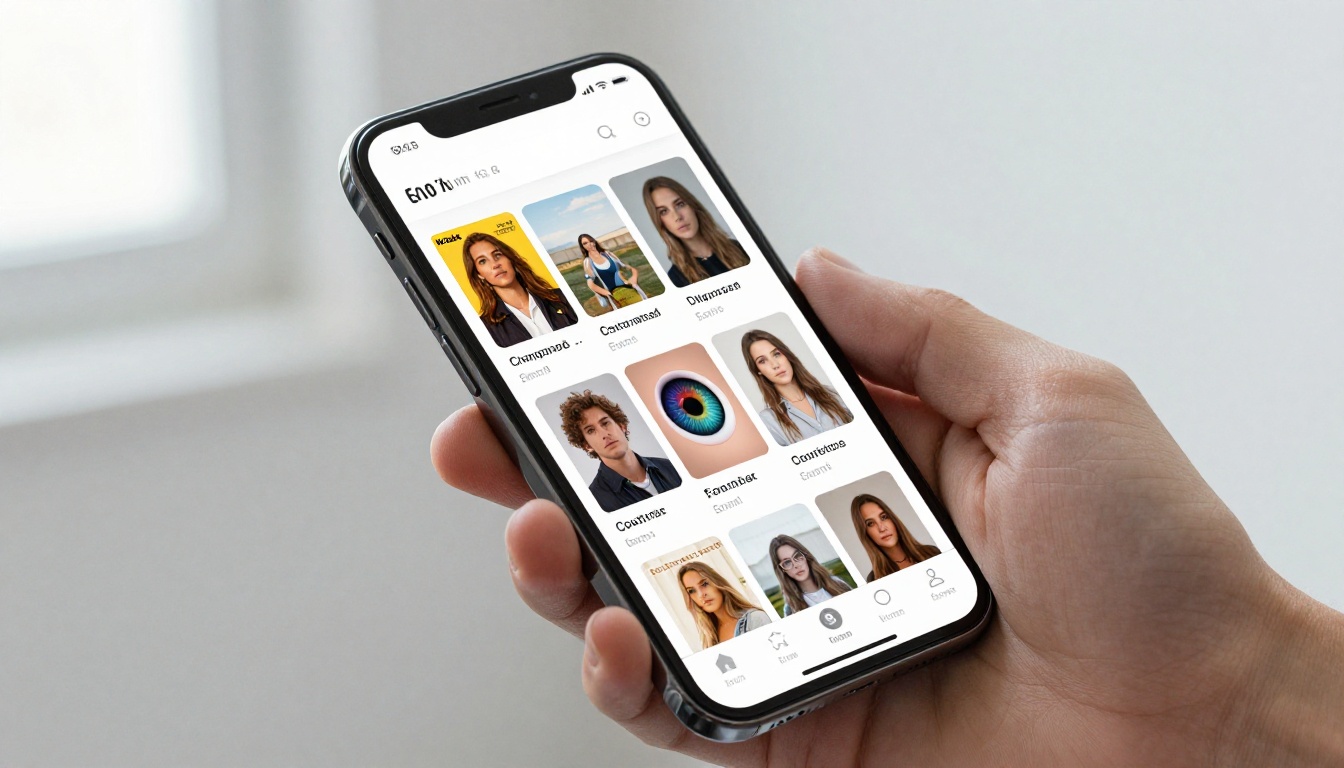 Smartphone displaying grid of digital publication thumbnails with one standing out dramatically