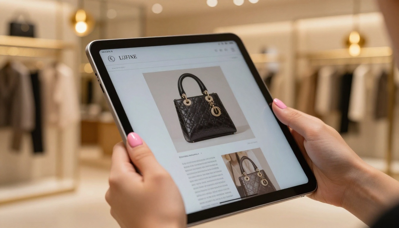 Elegant female hands holding tablet showing luxury fashion product page in high-end boutique