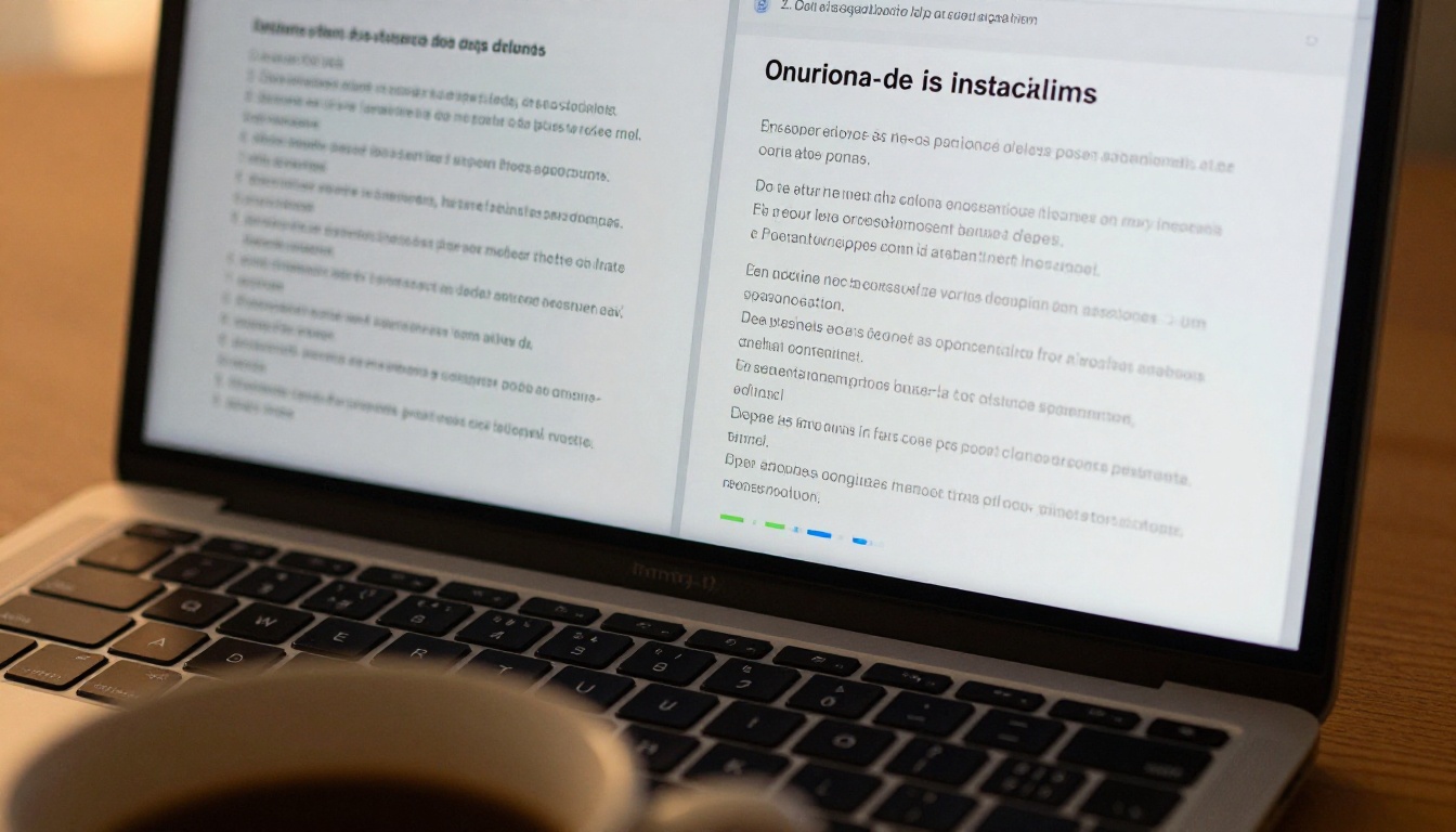 Laptop screen showing a clean split-screen AI translation interface with English source text on the left and Spanish translation on the right Laptop screen showing a clean split-screen AI translation interface with English source text on the left and Spanish translation on the right