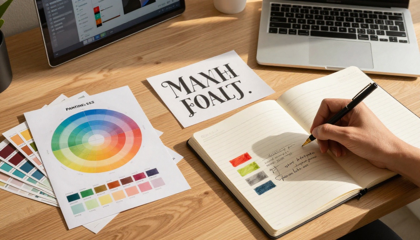 Designer workspace flat-lay with color swatches typography samples and open laptop