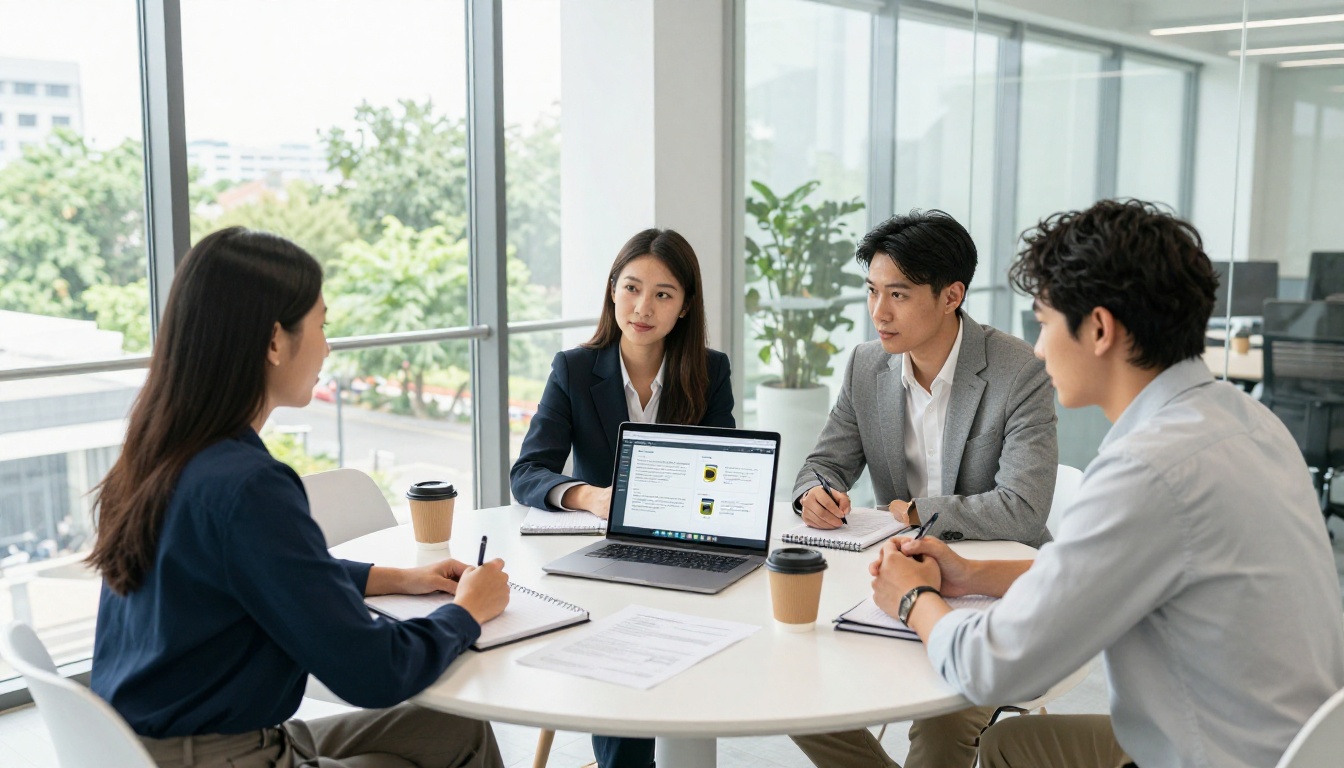 Business team gathered around conference table reviewing AI product description comparison on MacBook