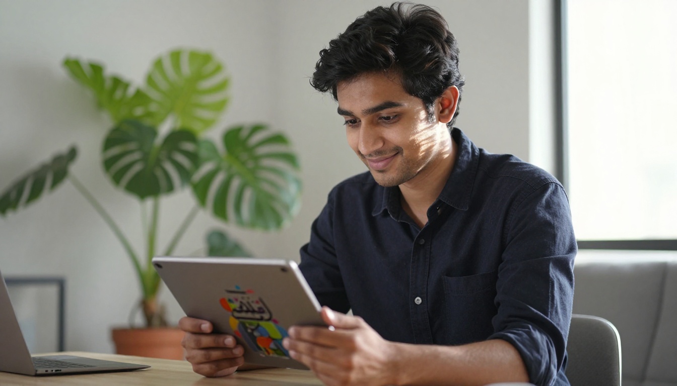 Young South Asian man smiling while looking at a tablet displaying a digital flipbook in Arabic, natural window light from the right Young South Asian man smiling while looking at a tablet displaying a digital flipbook in Arabic, natural window light from the right