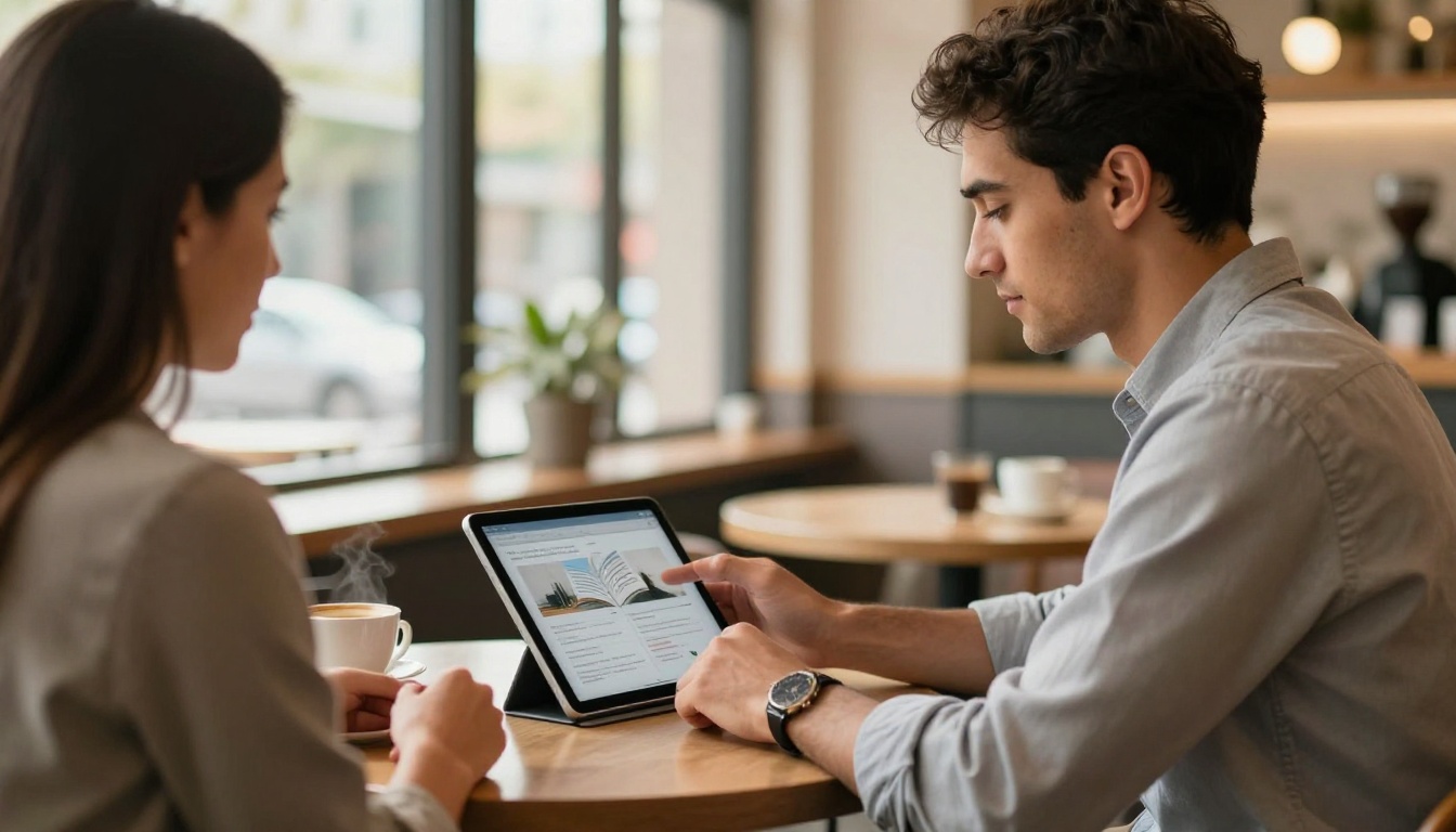 Professional showing flipbook on tablet to colleague at bright coffee shop table Professional showing flipbook on tablet to colleague at bright coffee shop table