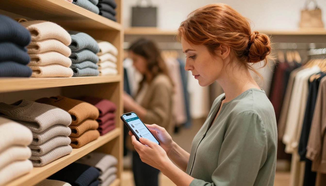 Boutique owner with auburn hair checking product catalog app on smartphone between wooden clothing shelves