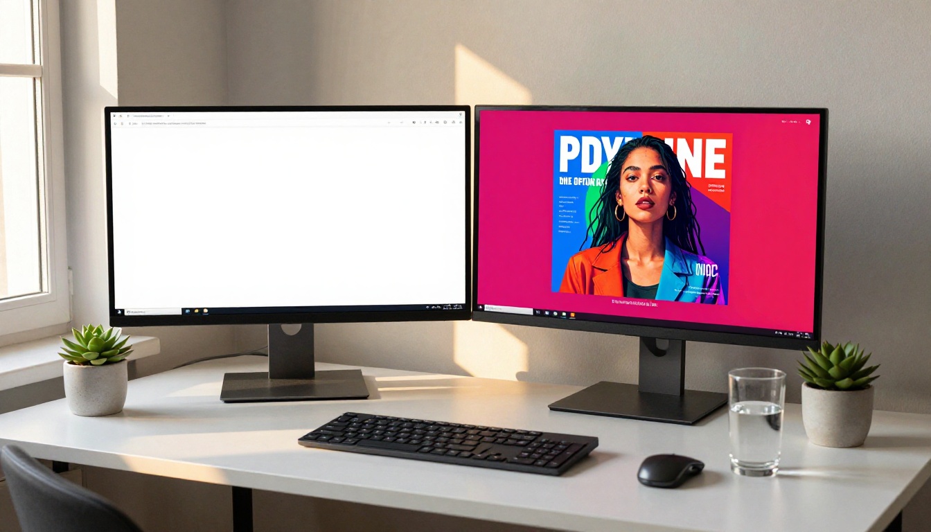 Dual monitor setup comparing flat generic design left with vibrant AI-enhanced version right Dual monitor setup comparing flat generic design left with vibrant AI-enhanced version right