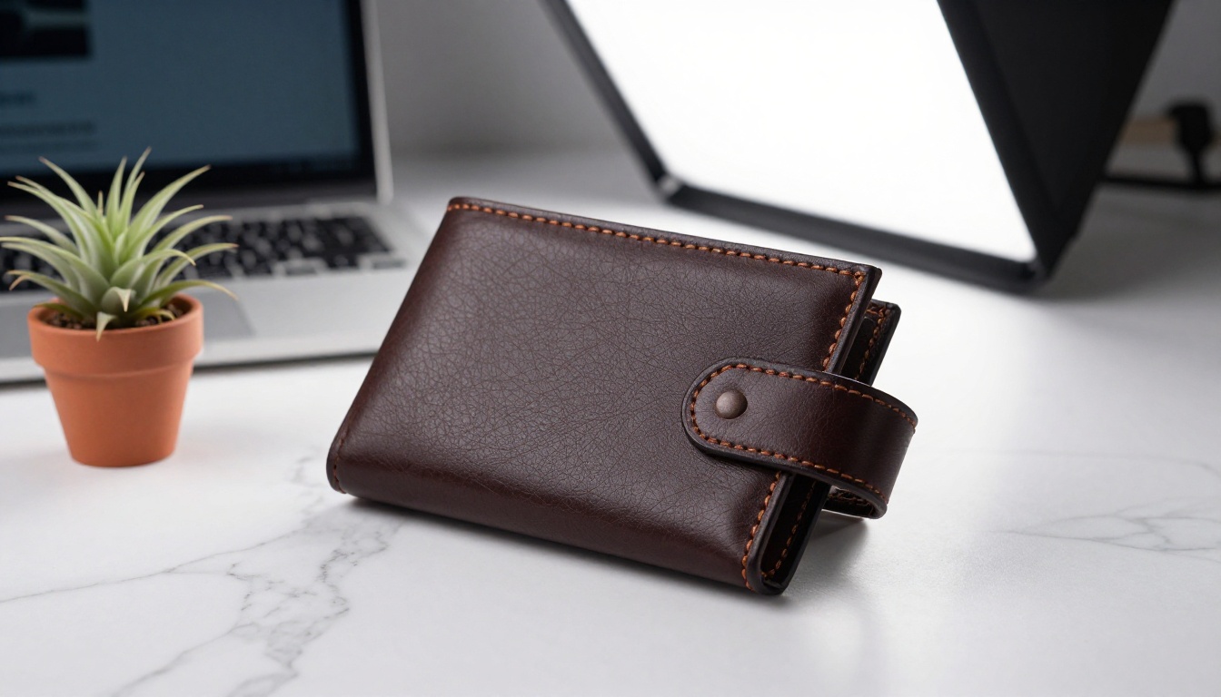 Close-up of premium leather wallet on white Carrara marble surface for luxury product photography