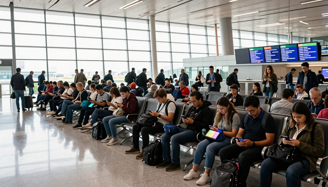 Diverse travelers at a busy international airport terminal, looking at phones and tablets, a large multilingual display board visible overhead Diverse travelers at a busy international airport terminal, looking at phones and tablets, a large multilingual display board visible overhead