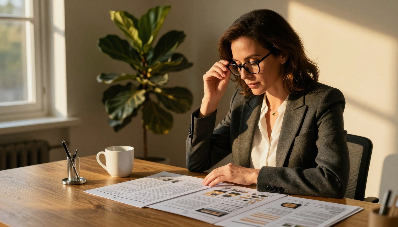 Professional woman with reading glasses reviewing printed digital catalog pages at wooden home office desk with morning light