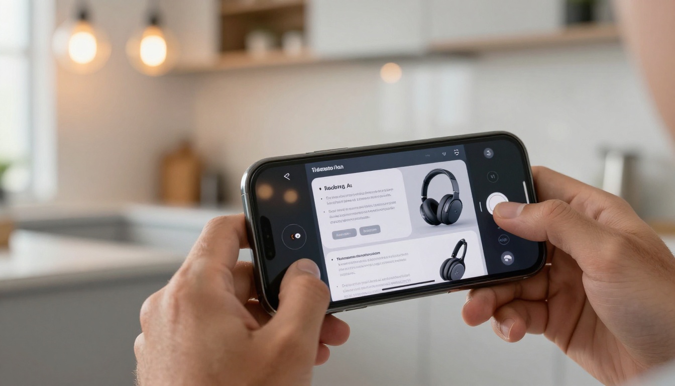 Male hands holding smartphone displaying detailed electronics product listing with AI-written bullet-point descriptions