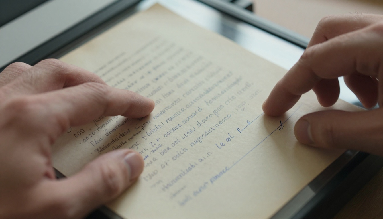 Close-up of a hand placing an old printed document onto a flatbed scanner glass
