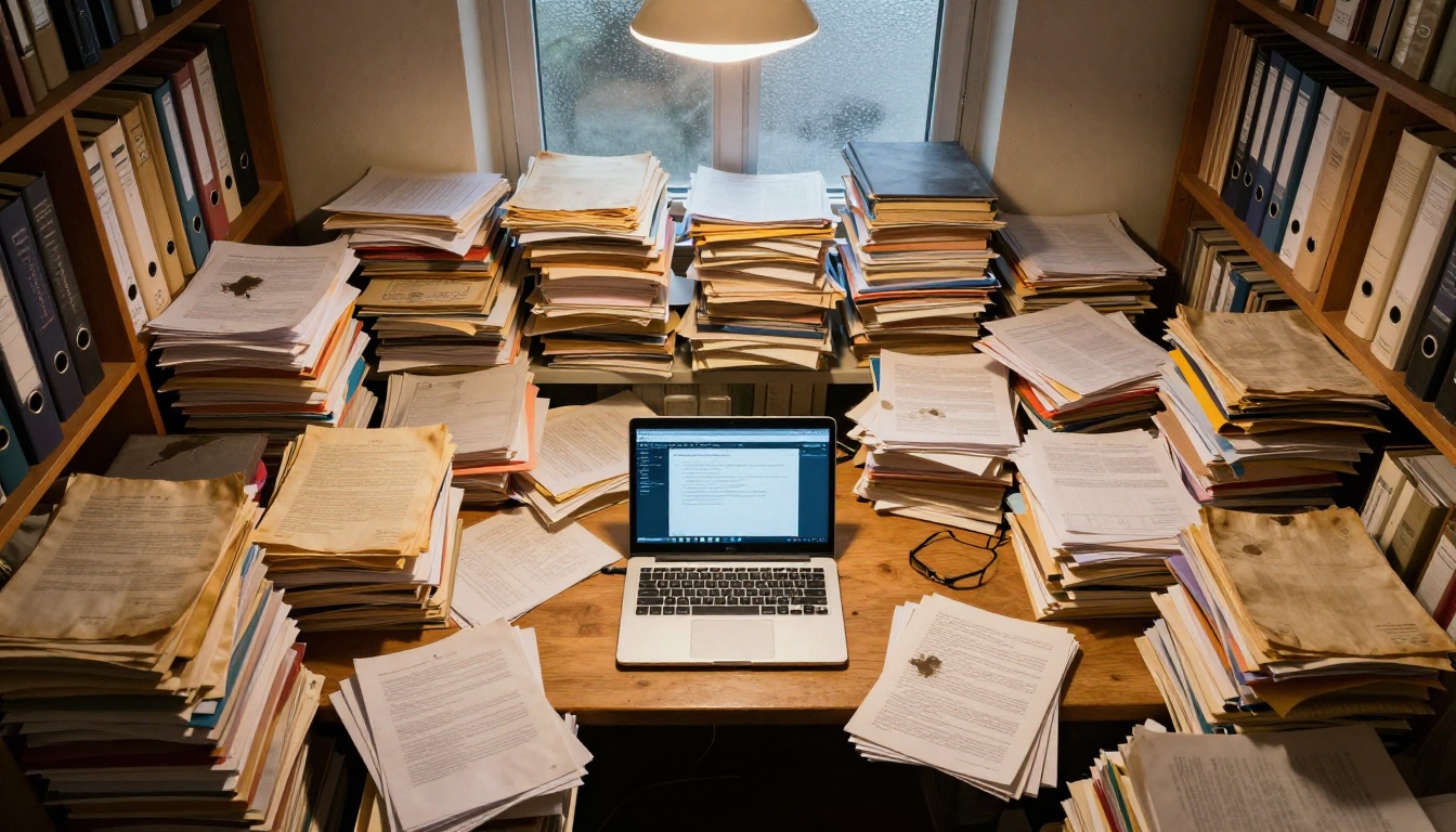 Overhead aerial view of disorganized archive documents with laptop on central table