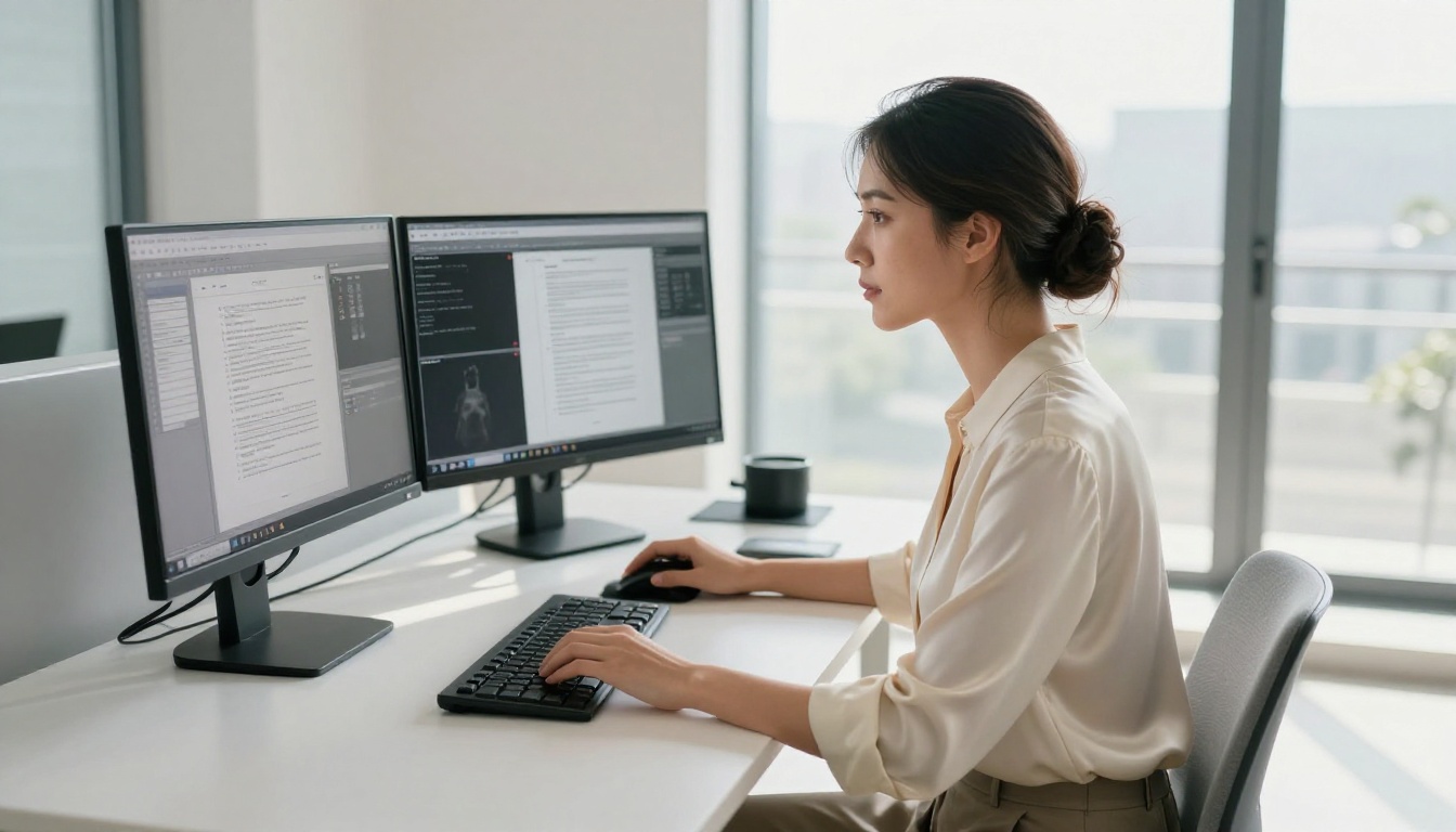 Professional woman reviewing document cleanup software on dual monitors at white desk