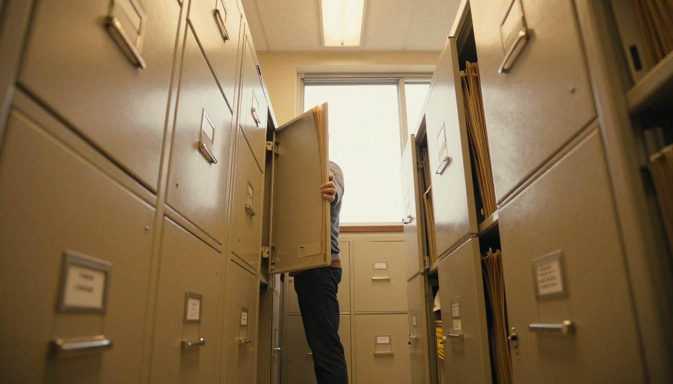 Low-angle shot looking up at open filing cabinets filled with physical document folders