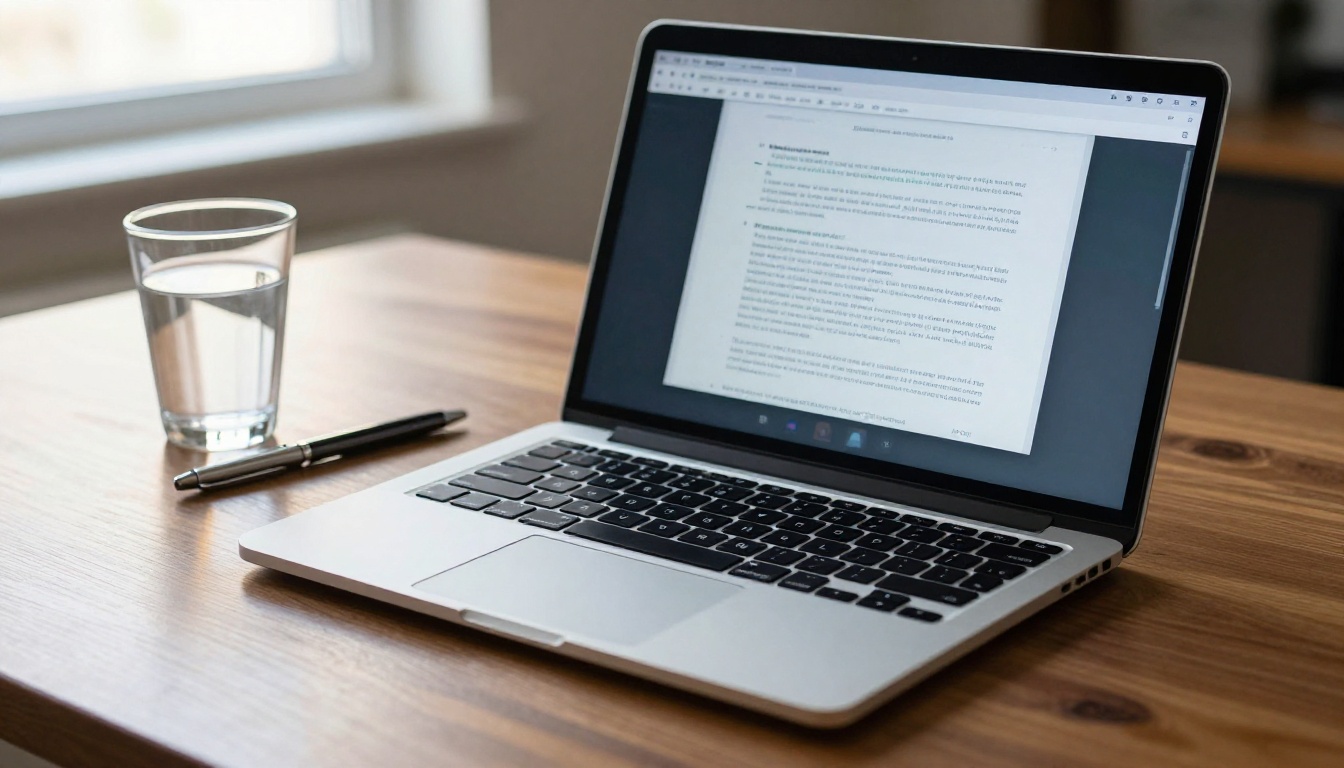 Laptop screen showing document processing software with cleaned legal document on walnut desk