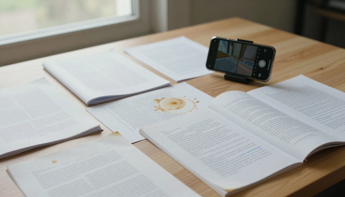 Smartphone propped scanning documents spread across a light oak desk