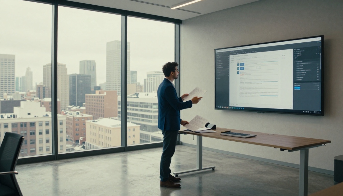 Male professional at a standing desk in a modern glass-walled office reviewing documents