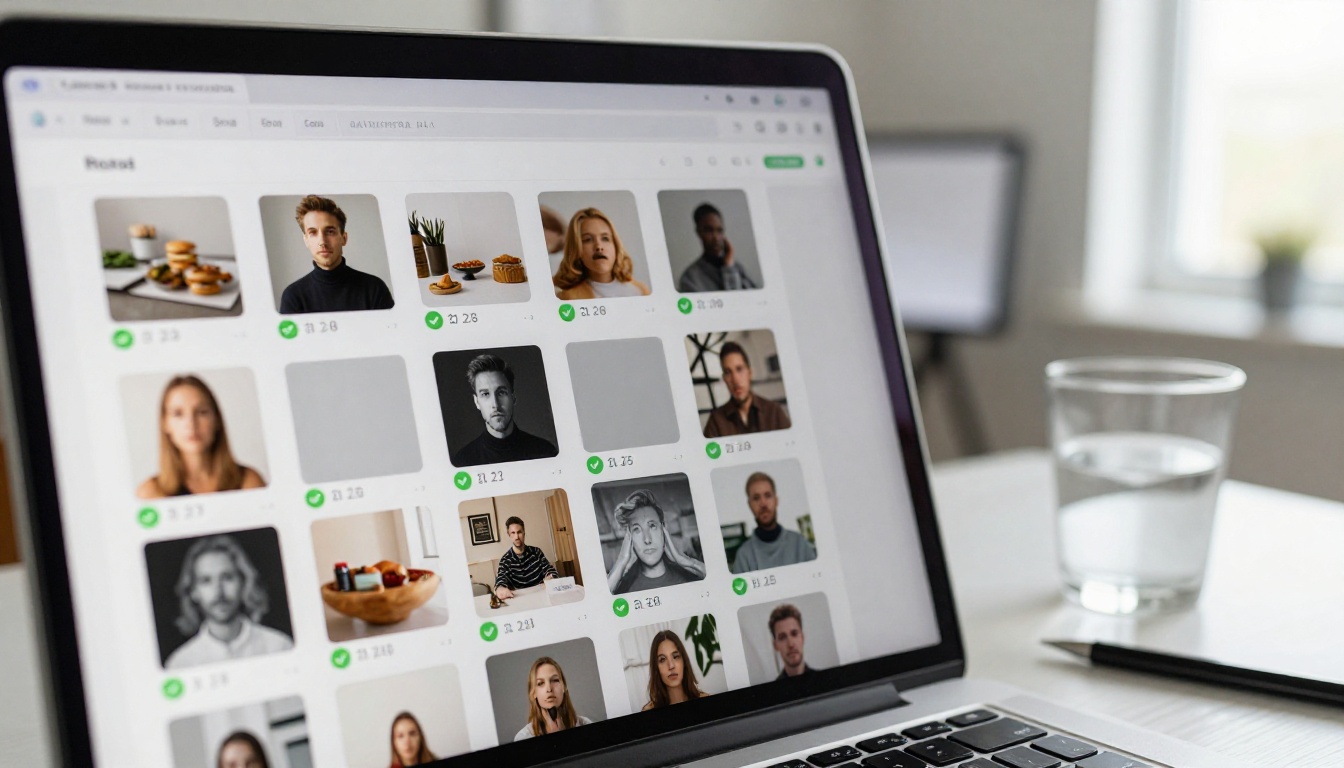AI photo scoring interface showing product photos ranked by quality score on a clean studio desk