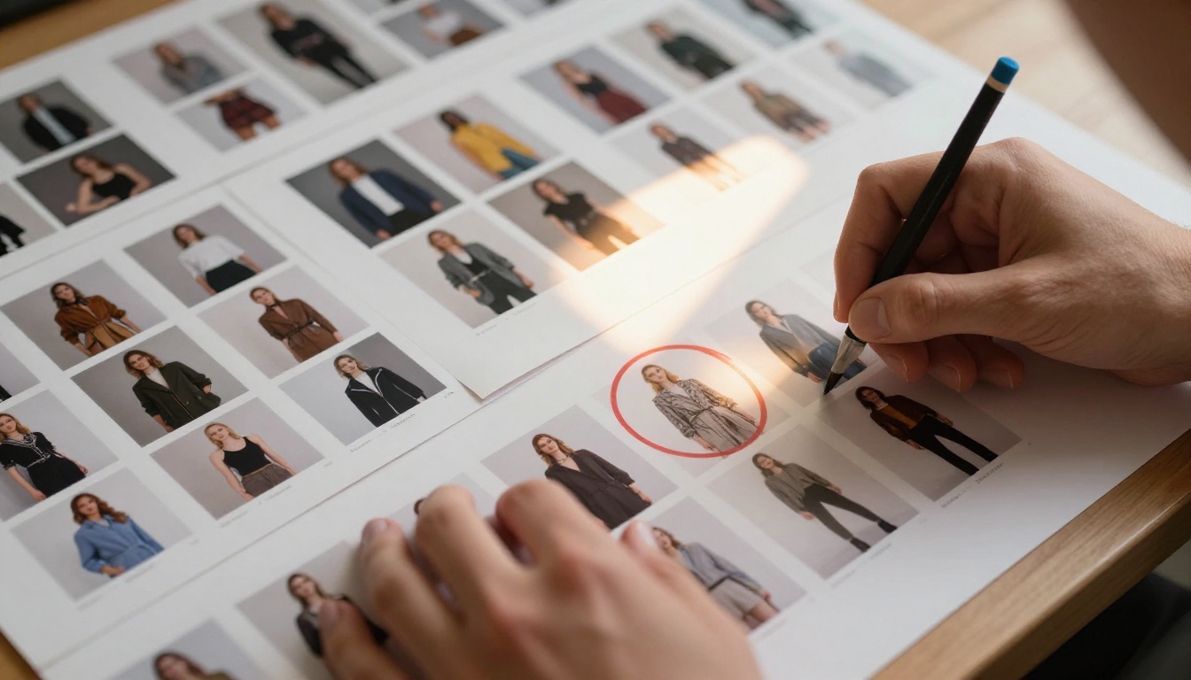 Photographer reviewing and selecting best catalog images using printed contact sheets on a professional lightbox